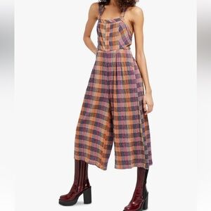 Free People ZuZu Seersucker  wide leg jumpsuit women size S NWOT